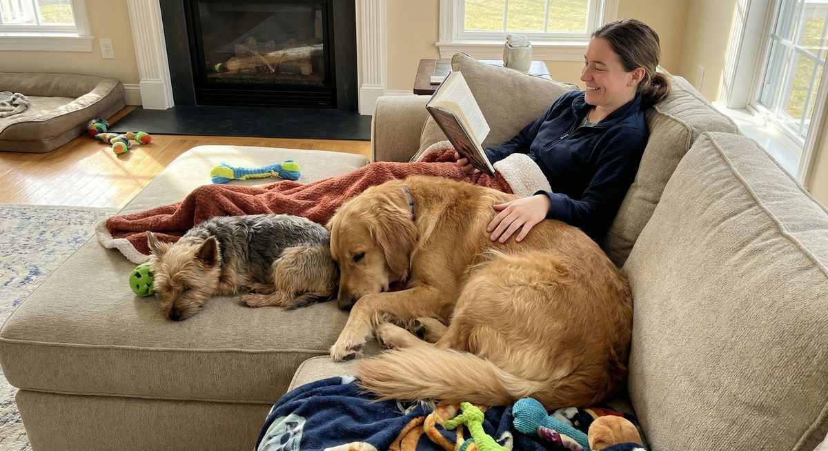 Vet nurse reading with dogs on the couch